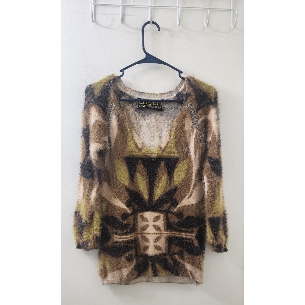 Custo Barcelona Women Abstract Fuzzy Eyelash Knit V-Neck Sweater Brown Green 1